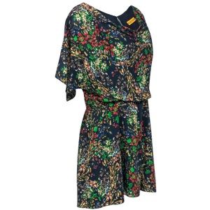 Alice + Olivia Navy Floral Print Cold Shoulder Silk Dress V Neck Women's Small